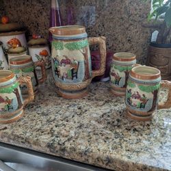 Mid Century Bavarian Style Beer Mugs/Steins And Matching Pitcher