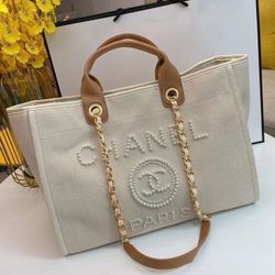 Chanel Pearl Summer Beach Bag Large Purse - White Beige Cream Light Brown Leather