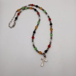Sterling Silver & Multicolor Beaded Necklace with Cross Pendant