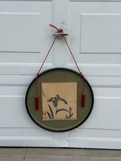Japanese-Style Iris Floral Wall Art – Round Black Frame & Red Tassels