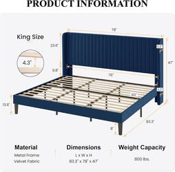 King Size Velvet Bed Frame, Tufted Wingback Headboard, Blue 47'' Modern Vertical Channel Headboard, Upholstered Platform Bed, Wood Slats, No Box Sprin