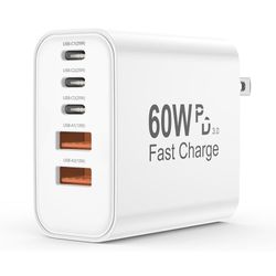 USB C Charger Block, 5 in 1 60W Charging Blocks, PD 3.0 25W Single Max Fast Charger, QC 2A USB Wall Charger for iPhone 16 15 14 13 12 11 Pro Max, iPad