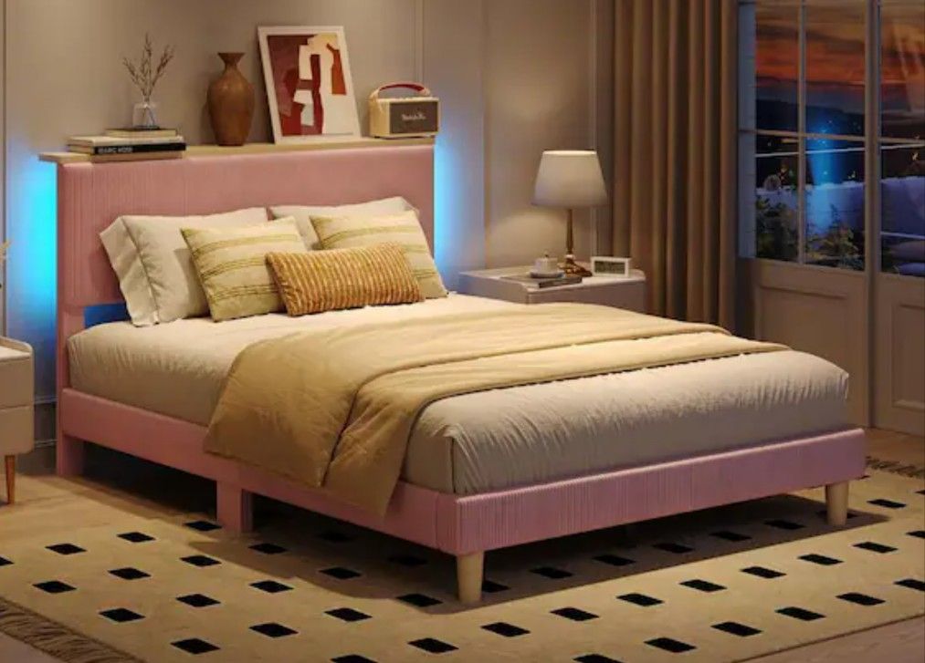 Bed Frame In Box, Full, LED, Remote, Storage, Motion Sensor, Wood, Velvet