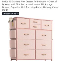 New Open Box Price Is Firm.10 Drawers Pink Dresser for Bedroom - Chest of Drawers with Side Pockets and Hooks, PU Storage Dresser, Organizer Unit