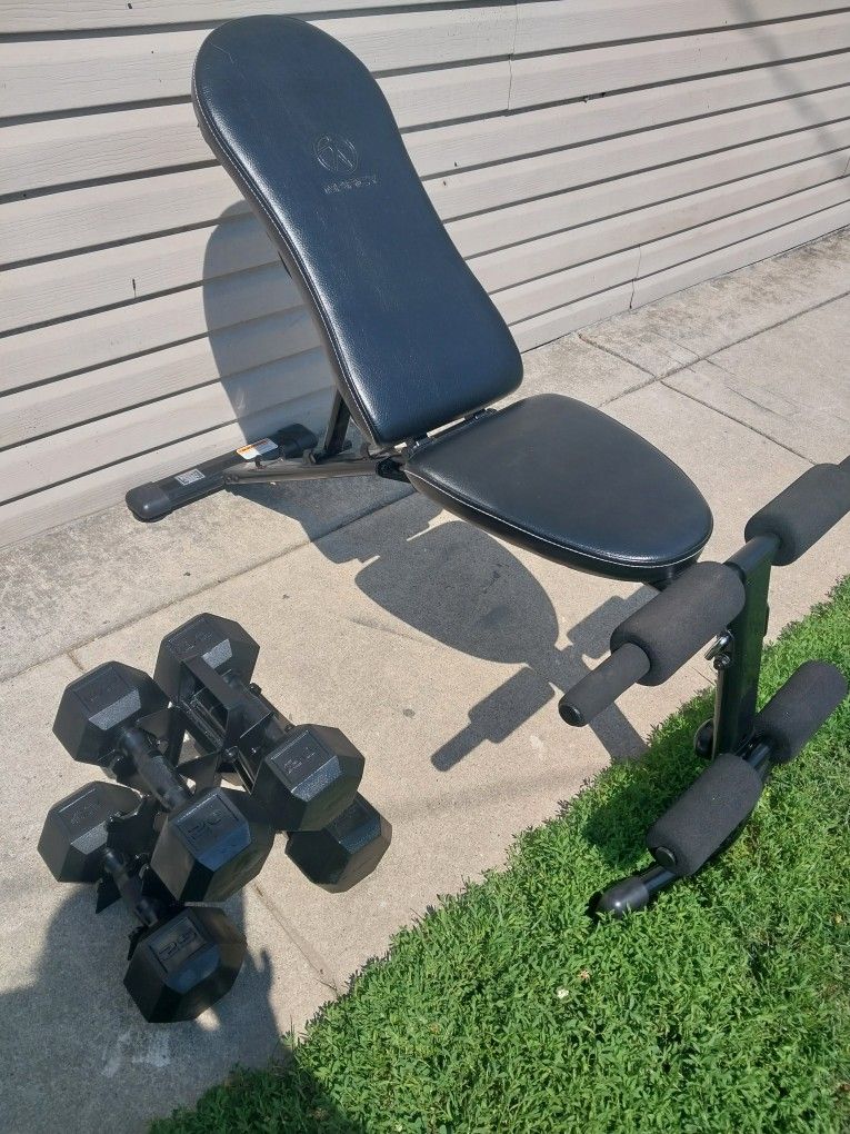 Marcy Bench / 2 Set Rubber Coated Dumbbells 25lbs ,20lbs / Tree Rack