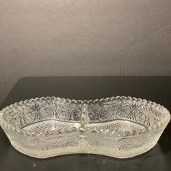 Vintage Duncan & Miller Sandwich Pattern Pressed Glass Relish Tray, Two Part Divided Dish