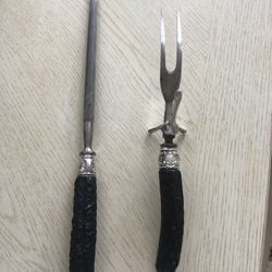 Vintage Antique Antler Handles, Sterling Silver and Stainless Steel  Meat Fork and Knife Sharpener