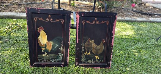 Rooster and Hen Painted Wood cabinet doors Set
