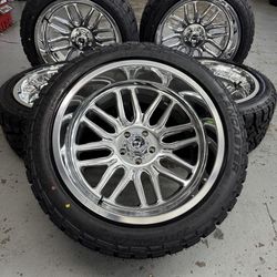 TOTAL OF 5 -NEW 22x12 fuel wheels wrapped in Lancaster 33x12.50R22 tires