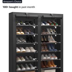 7-Tier Shoe Storage Organizer with Dustproof Cover - Closet Cabinet Shelf Holds up to 28 Pairs - for Doorway, Corridor, Balcony, Living Room - Black