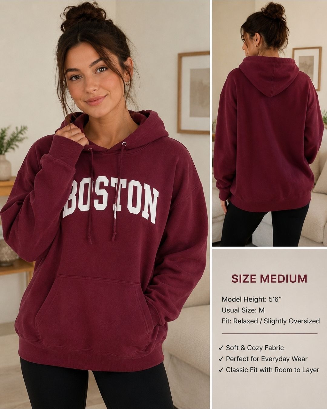 Brandy Melville Boston Hoodie – Burgundy Oversized Pullover