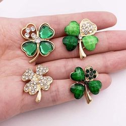 4 Pcs St. Patrick's Day Good Luck Charm Green Four Leaf Shamrock Clover Brooch
