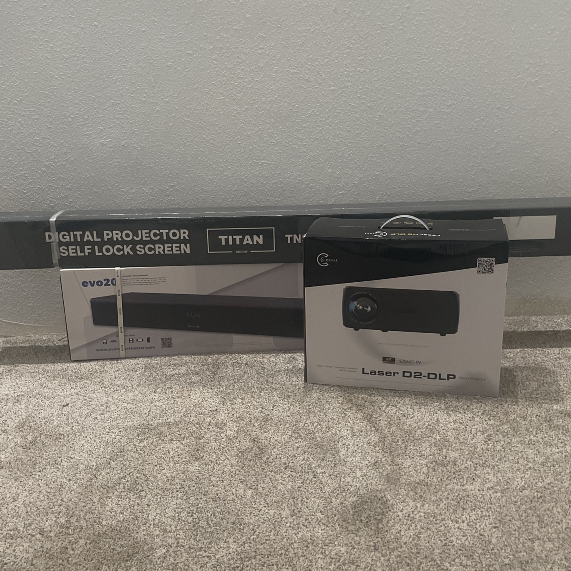Laser Projector, Soundbar, Screen