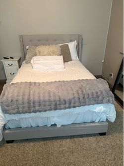 Full size upholstered bed frame, mattress and bedding