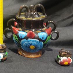 Mexican Redware Pottery Hand Painted Tea Pot Cups Vintage  Talavera