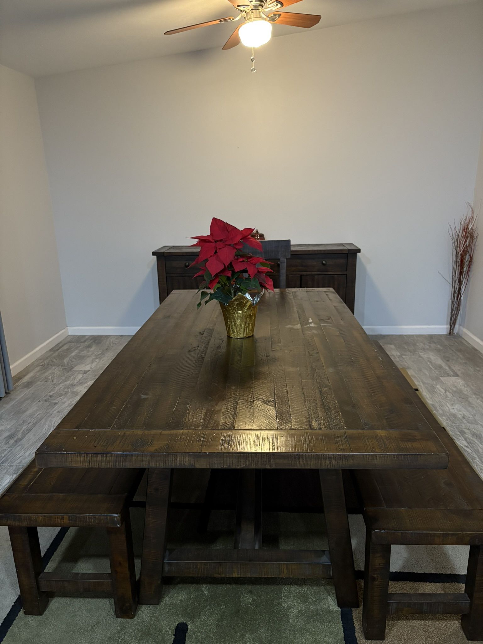 Brown Table & benches and Buffet Table