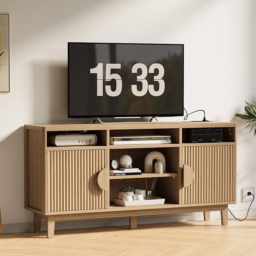 TV Stand for 65 Inch TV, 59 Inch Entertainment Center with Storage and Charging Station, Modern Media Console with 3 Adjustable Shelf, Fluted Doors De