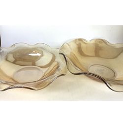 Vintage (2) LARGE Jeannette Marigold Carnival Depression Glass Bowls Iridescent Iris and leaf etched patterns with scalloped edge