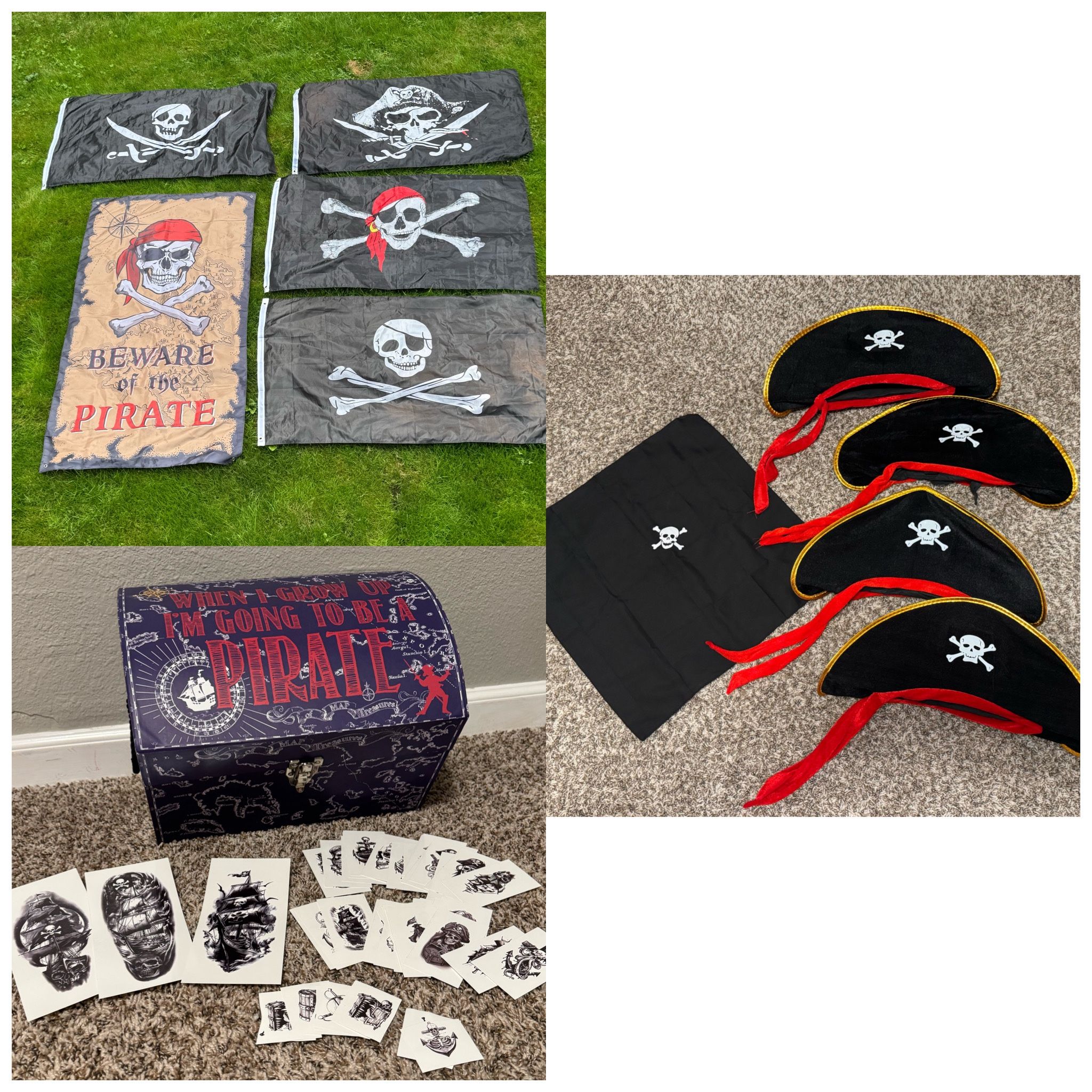 Pirate Halloween party lot bandannas hats, flags, tattoos treasure box