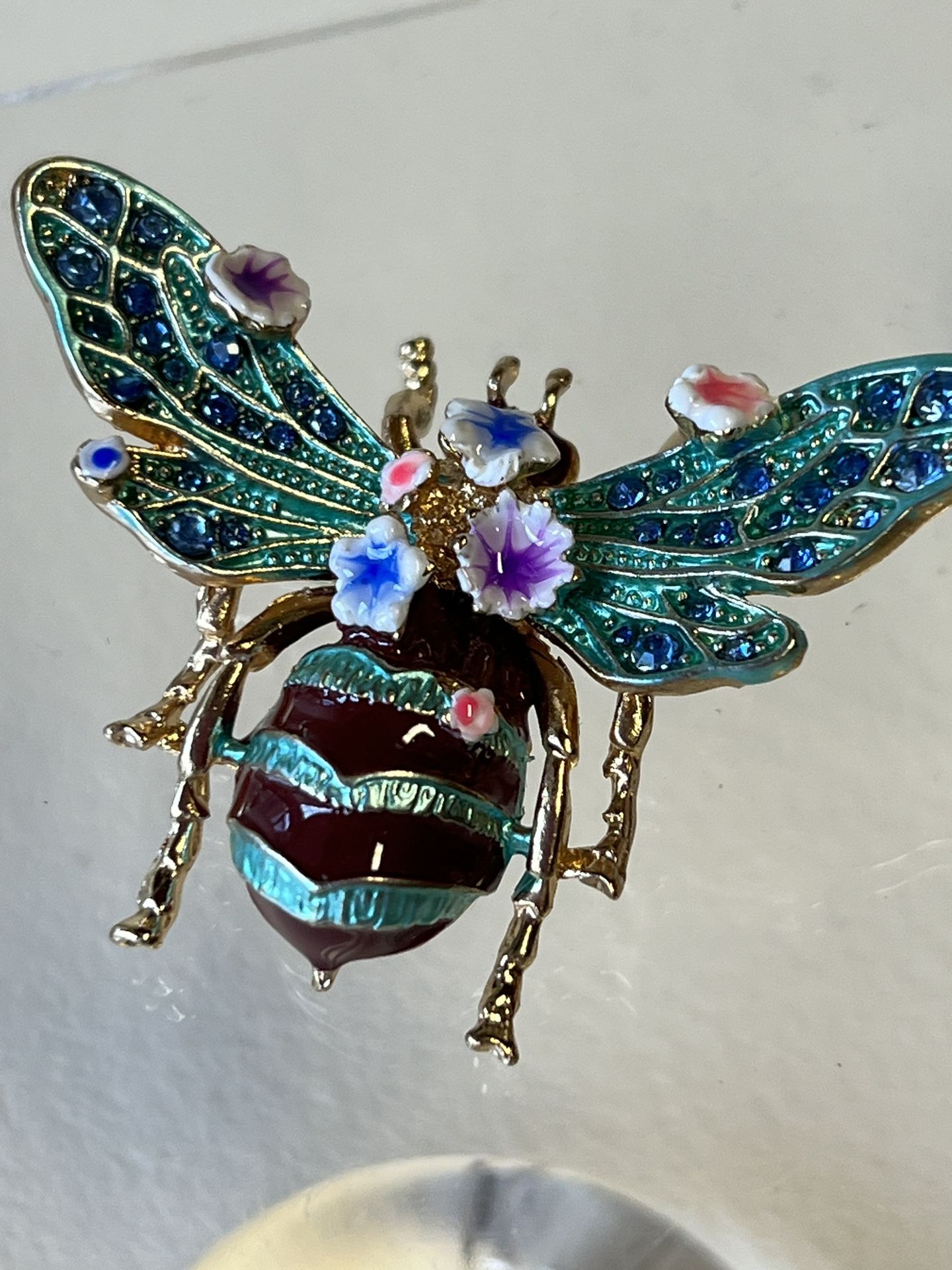 Vintage Brooch, Gold Color, Enameled, Rhinestones