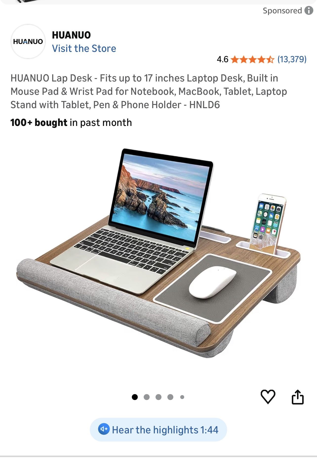 HUANUO Lap Desk - Fits up to 17 inches Laptop Desk, Built in Mouse Pad & Wrist Pad for Notebook, MacBook, Tablet, Laptop Stand with Tablet, Pen & Phon
