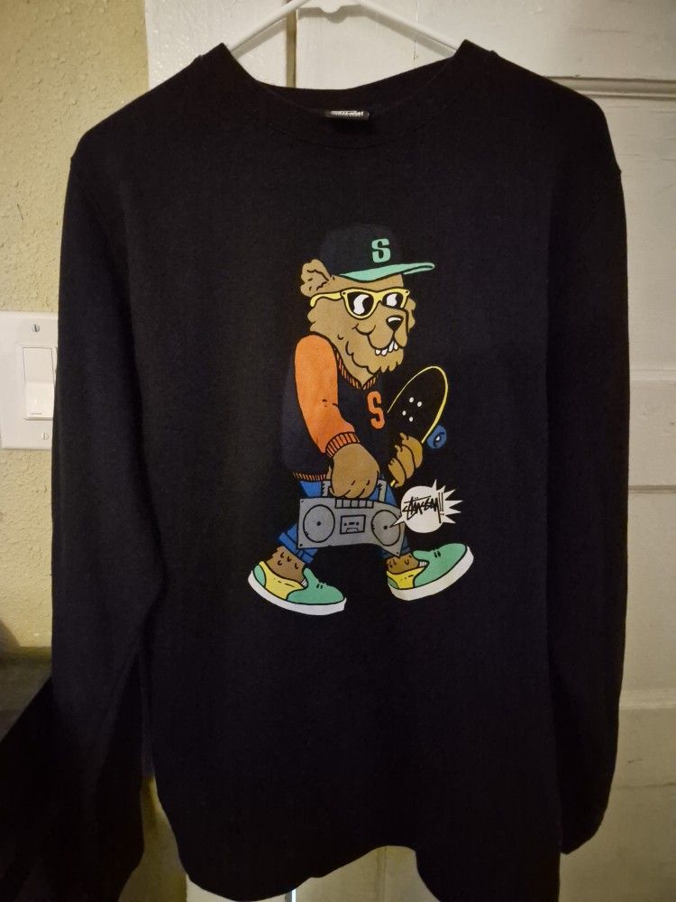 Stussy Sweatshirt Mens Small Bear Black Crewneck Streetwear Pullover Skateboard