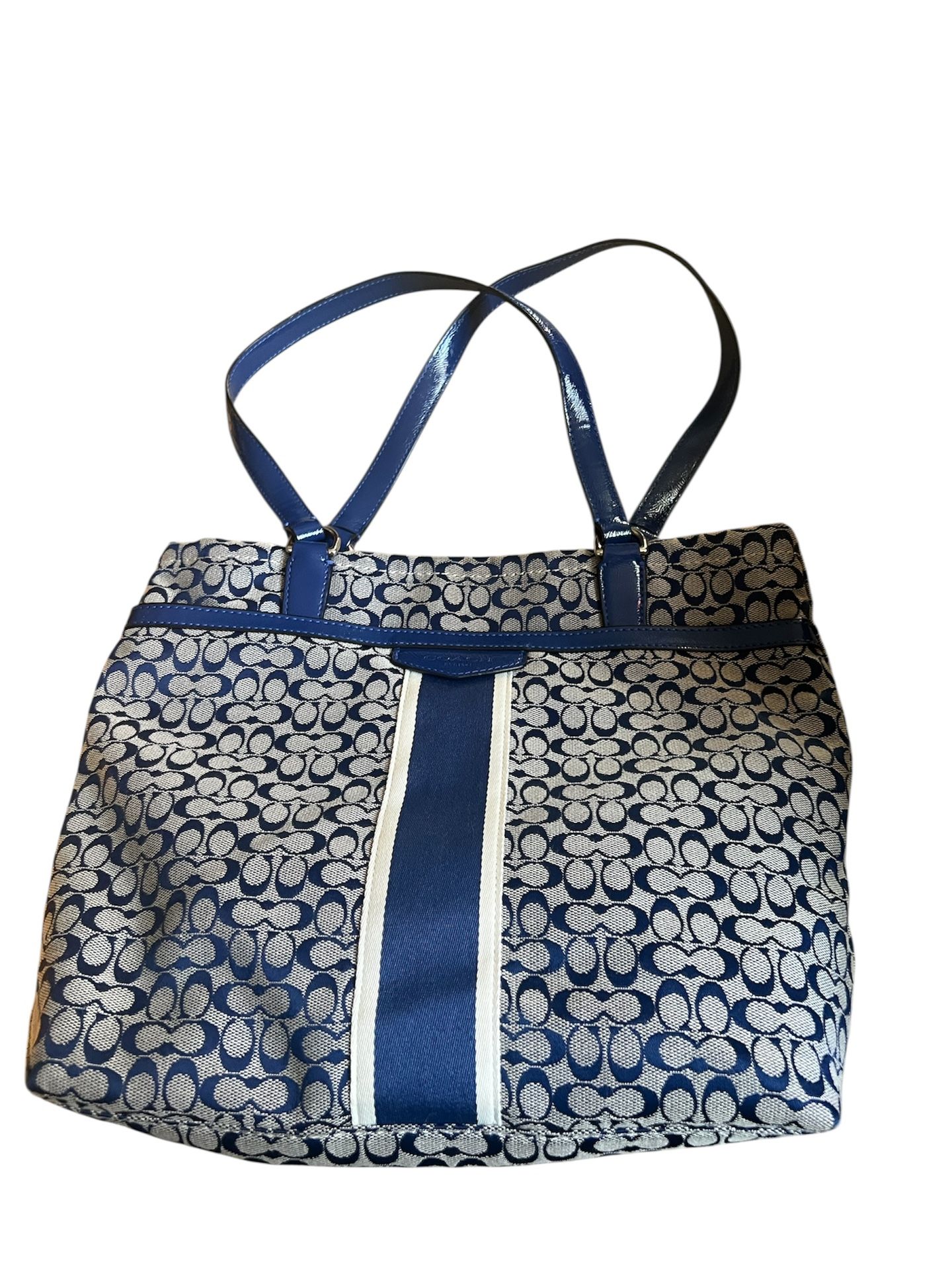 Coach Signature Canvas Blue Stripe &Leather Tote Purse
