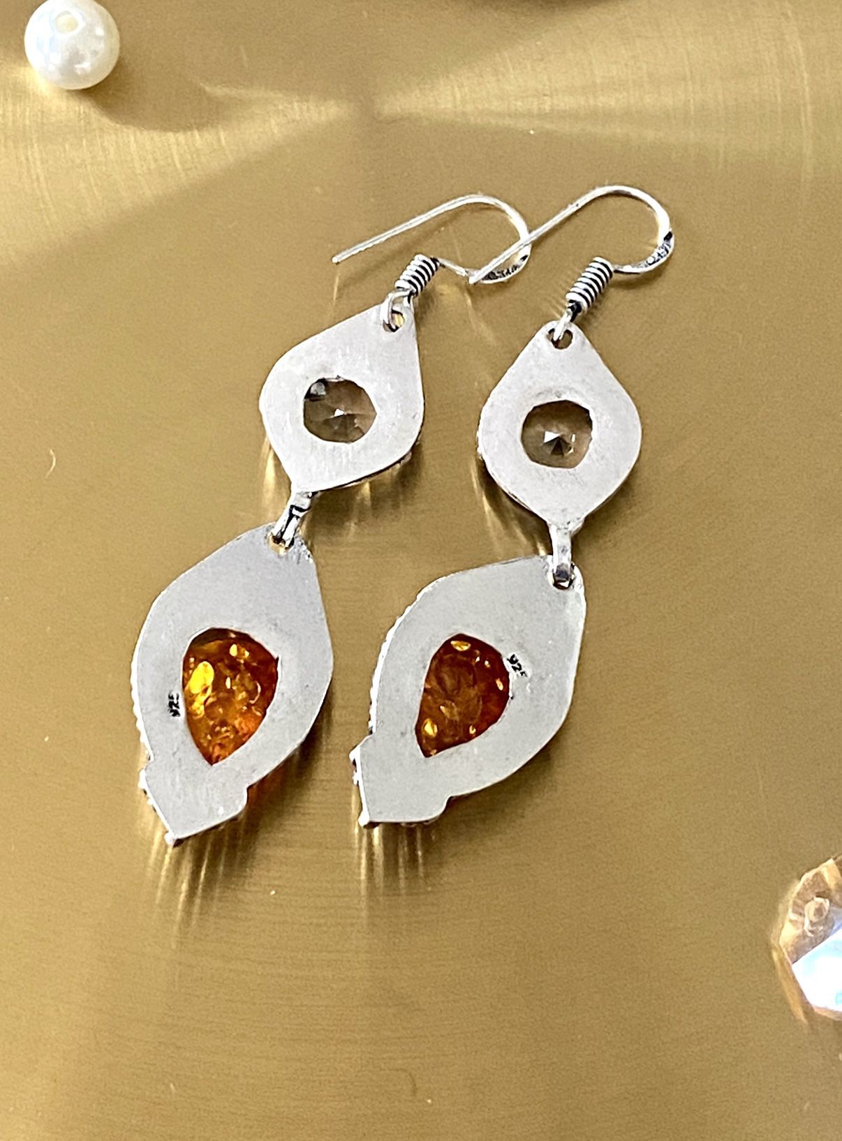 Baltic Amber And White Topaz 925 Sterling Silver Overlay Handcrafted Earring