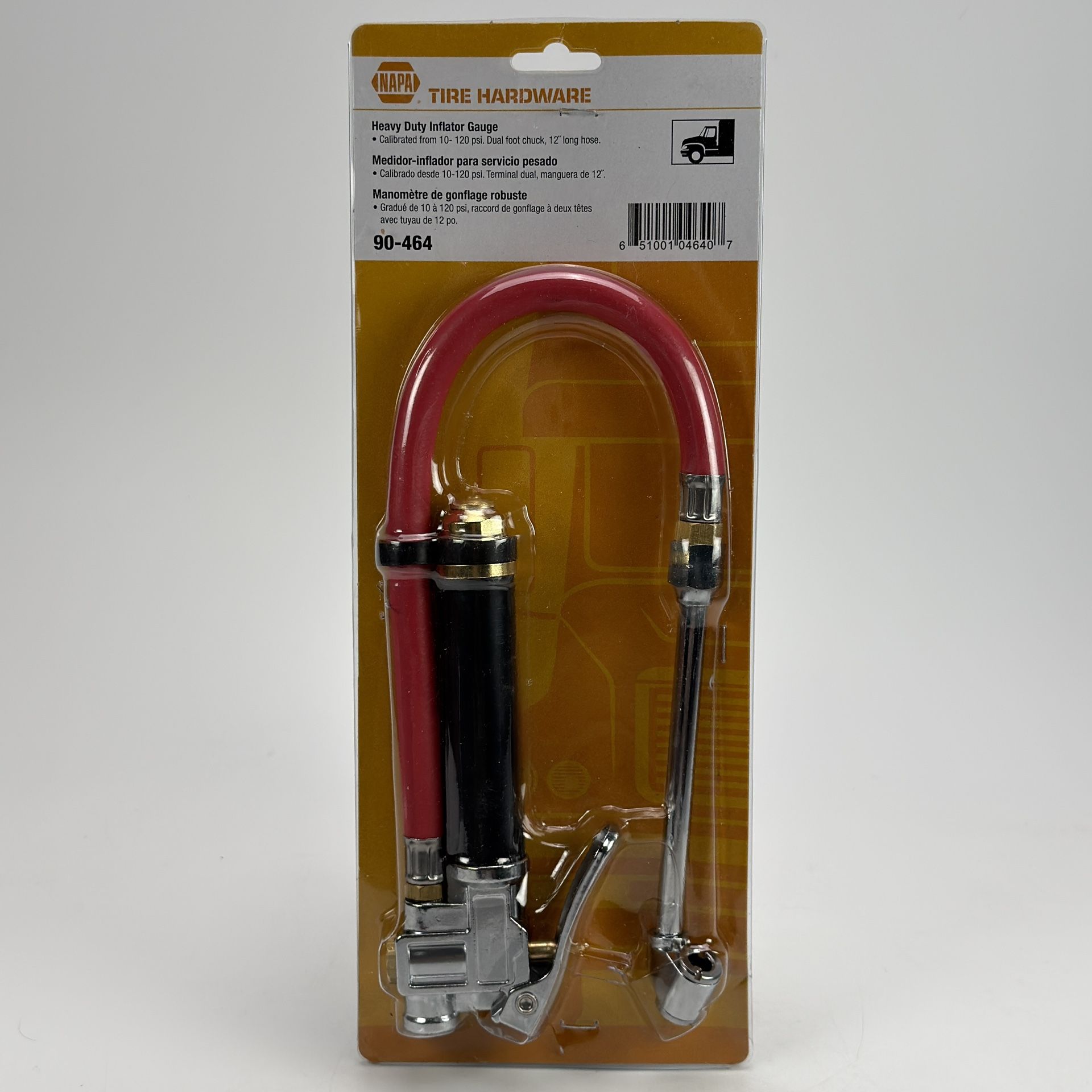 Napa 90-464 Heavy Duty Tire Inflator Gauge 10-120 PSI Dual Foot Chuck 12" Hose