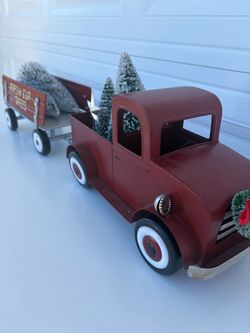 Red Metal Christmas Truck with Trailer Decoration