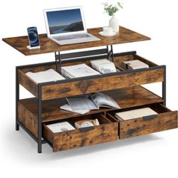 Lift Top Coffee Table with Storage Drawers, Coffee Table for Living Room with Lifting Top, Hidden Compartments and Open Shelf, Rustic Brow