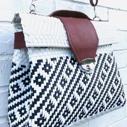 New Hand Crafted Woven Black White Crossbody Shoulder Bag Leather Trim