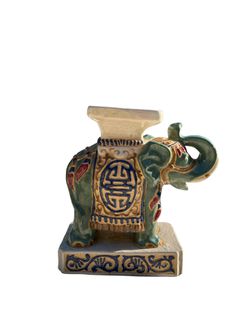 💕  Vintage (NEW) SET of 2  (PAIR) Small Asian Ceramic Glazed Green Blue Red White ELEPHANT Statue, Plant Stand, Bookend 💕  Thumbnail