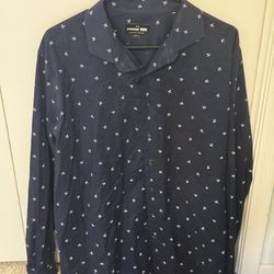 Express Men Slim 1 MX Print Long Sleeve Button-Up Shirt Blue Size XL 17-17 1/2