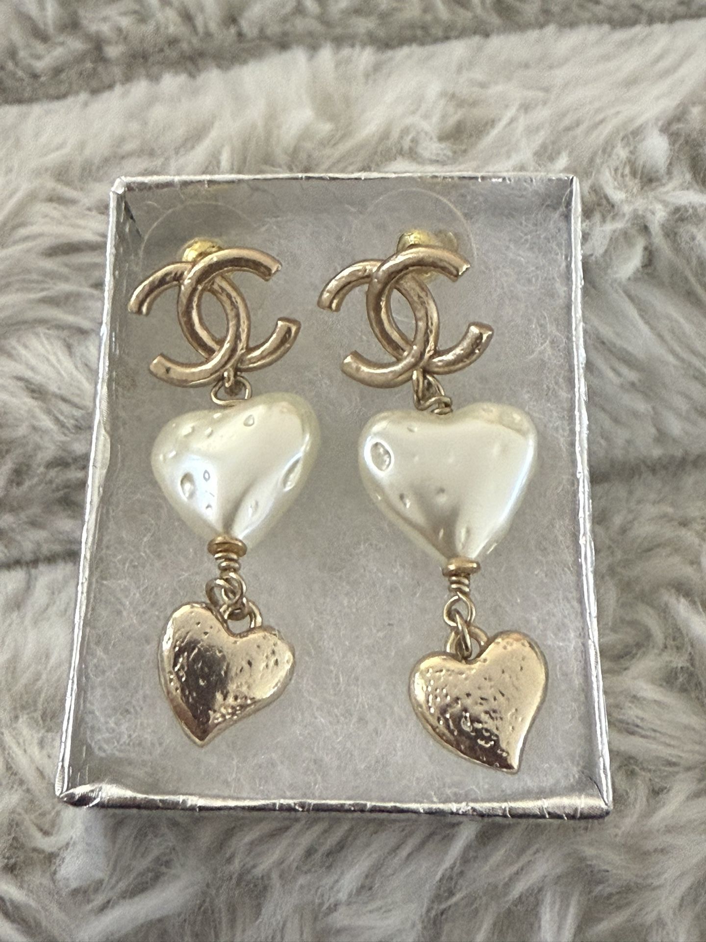 Channel Pearl CC Double Drop Heart Drop Earrings