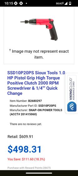 SSD10P20PS Sioux Tools 1.0 HP Pistol Grip High Torque Positive Clutch 2000 RPM Screwdriver & 1/4""