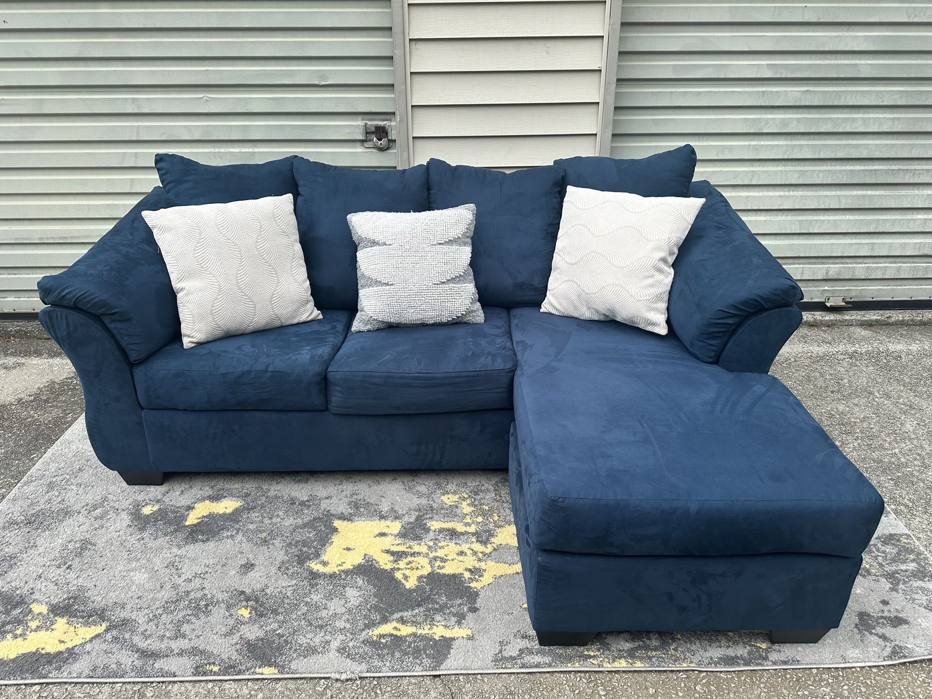 Blue Suade Couch Sectional With Pillows (Delivery Available!)