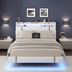 Floating Bed Frame Queen Size with LED Lights, Easy to Assemble, Metal Platform Bed with Storage Headboard, No Box Spring Needed, White