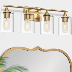 Brushed Gold Vanity Light,4 Light Gold Bathroom Light Fixtures,Bathroom Lights Over Mirror with Clear Glass Shade,Modern Wall Lighting for Mirror Bedr