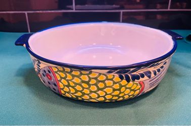 Hand made beautiful Talavera pottery baking/serving large bowl with handles