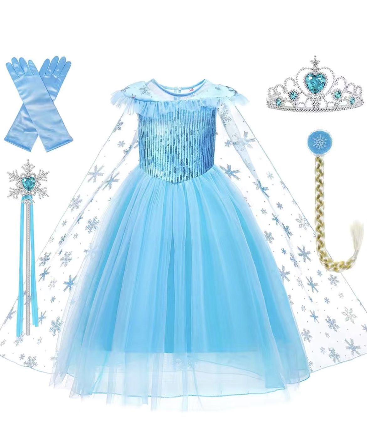 5pcs Girls Blue Princess Dress Costume  Dress With Hair Clip, Gloves, Crown & Princess Wand Accessories