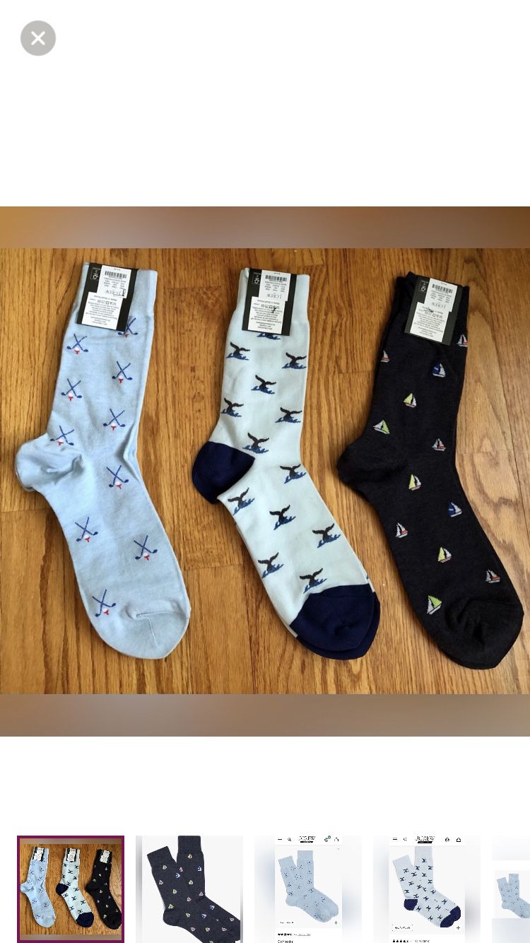 NWT, 3 Pairs of Men’s Dress/Casual Socks from Jcrew (Sail Boats/Golf Clubs, Whales)