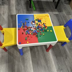 Humble Crew Kids Activity Table and 2 Chairs Set, White/Blue/Red - 2-in-1 Toddler Play Table Building Blocks Compatible - Premium Children’s Table and