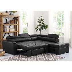 New! Black Sectional, Black Faux Leather Sofa, L-Shaped Sofa With Pull-out Bed, Sofabed, Sectional Sofa Bed, Black Couch, Leatherette Sofa, Sofa Bed