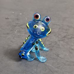 Hand Blown Art Glass Miniature Frog Murano Style In Beautiful Dark Ocean Blue W/Black. Green & Yellow Accents 2.25"H