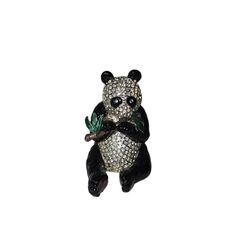 Perry Borrelli Crystal Panda Trinket Box Black Green Enamel Bamboo Hinged 2⅝" H