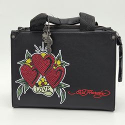 Ed Hardy Vegan Black Tote Rhinestones Triple Red Hearts Love Crossbody Strap Bag