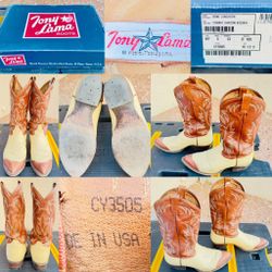 TONY LAMA CY3505 Bone Longhorn Cognac Shadow Kidskin Cowboy Boots - Men's Size 10.5 D - USA