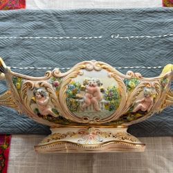 Vintage Italian Capodimonte Raised Porcelain Centerpiece Bowl Ornate Garden Cherubs Mid-Century Modern MCM Made In Italy Renaissance Numbered 302/607