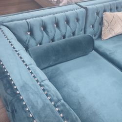 TEAL VELVET SECTIONAL SOFA SET